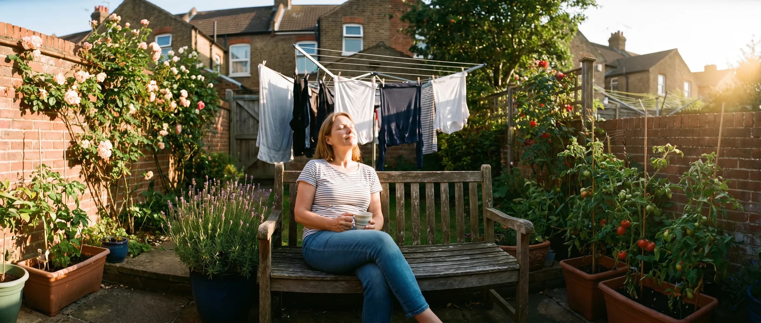 A woman with a mug of tea resting on a bench in her small back garden, eyes closed in the evening sun, washing on the line behind her.