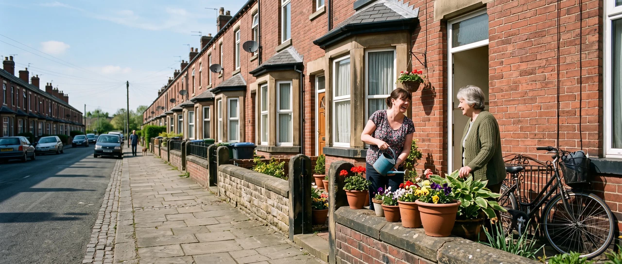 A woman watering the plants on her front step and chatting with her neighbour on a sunny terraced street.