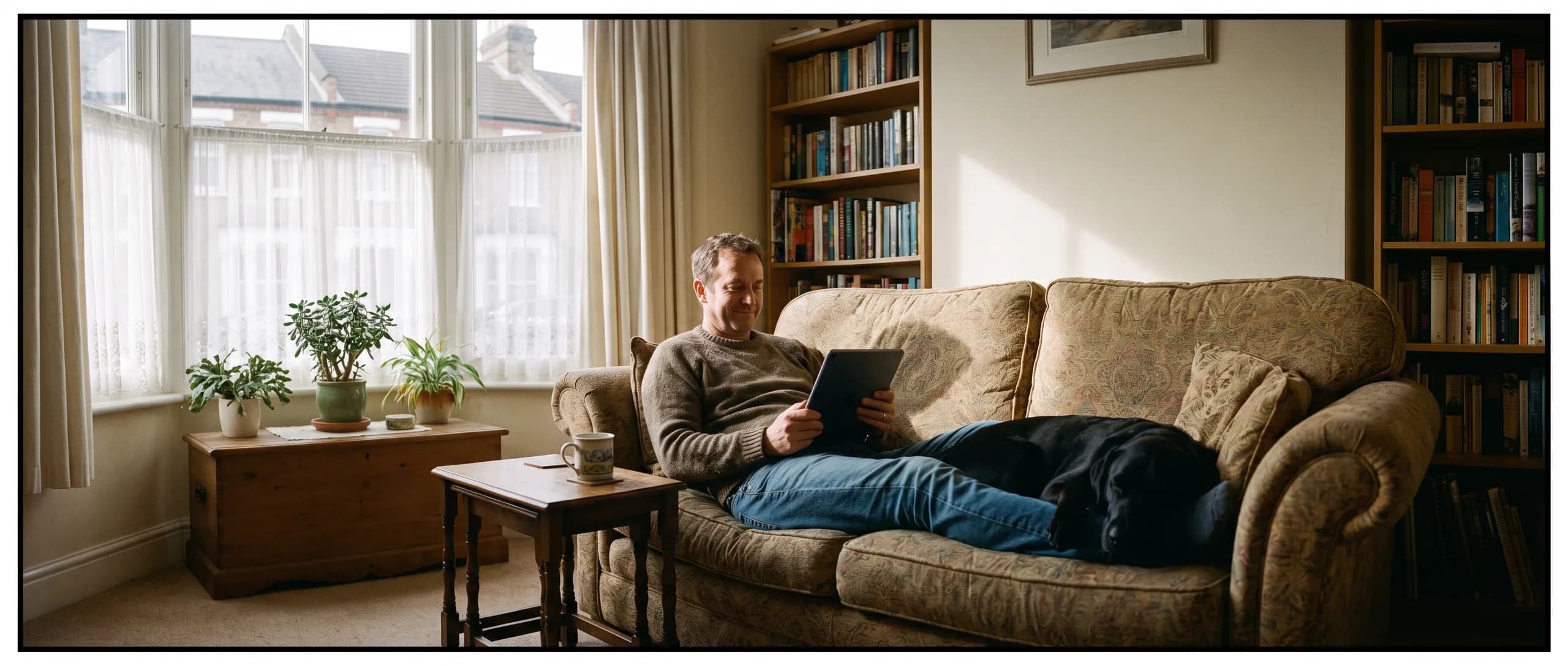 A man reading on a tablet on his sofa by a bay window, a mug of tea beside him and his black Labrador asleep at his feet.