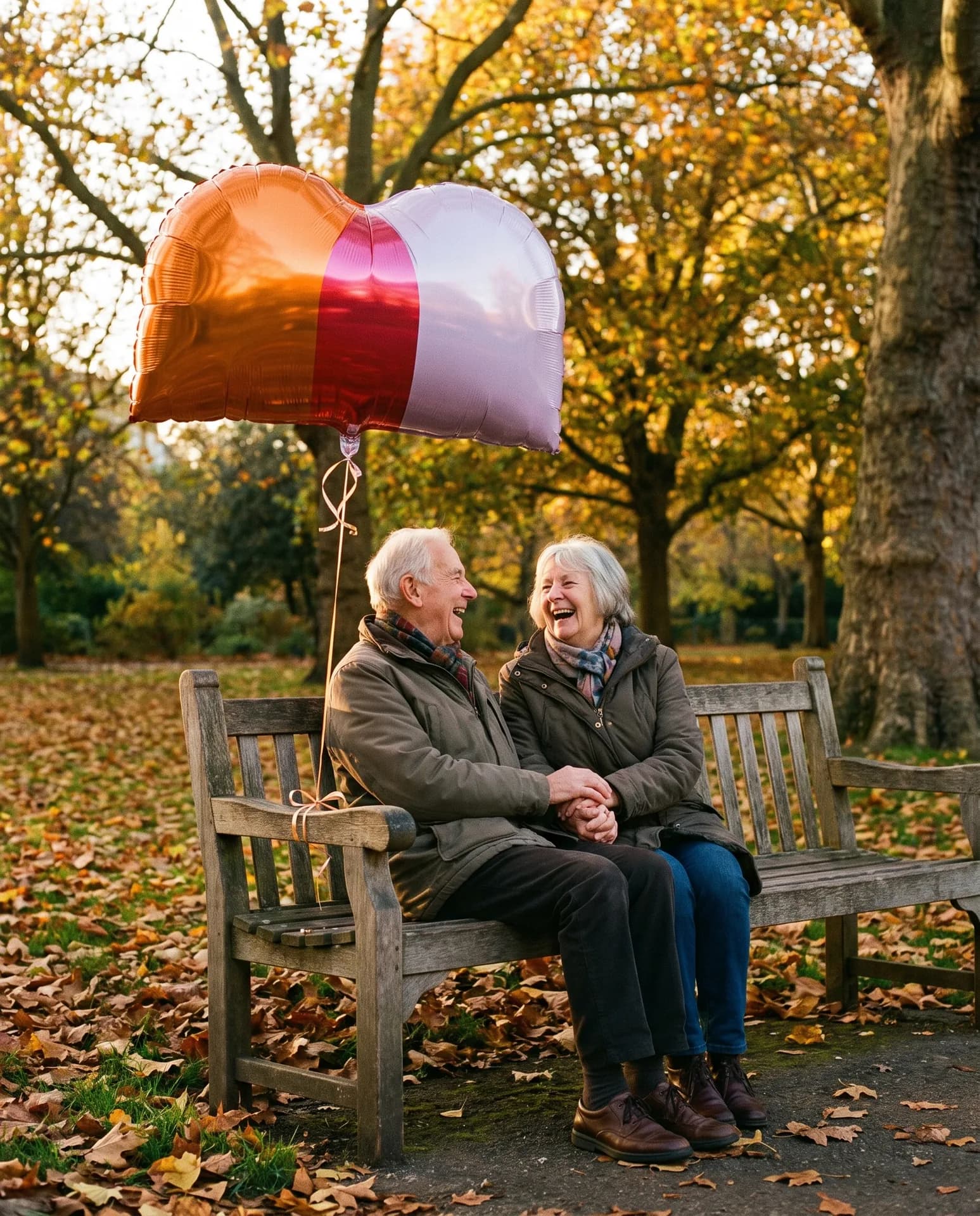 An older couple holding hands and laughing on a park bench on an autumn afternoon, a foil balloon in the shape of the MoneyEase mark tied to the bench above them.