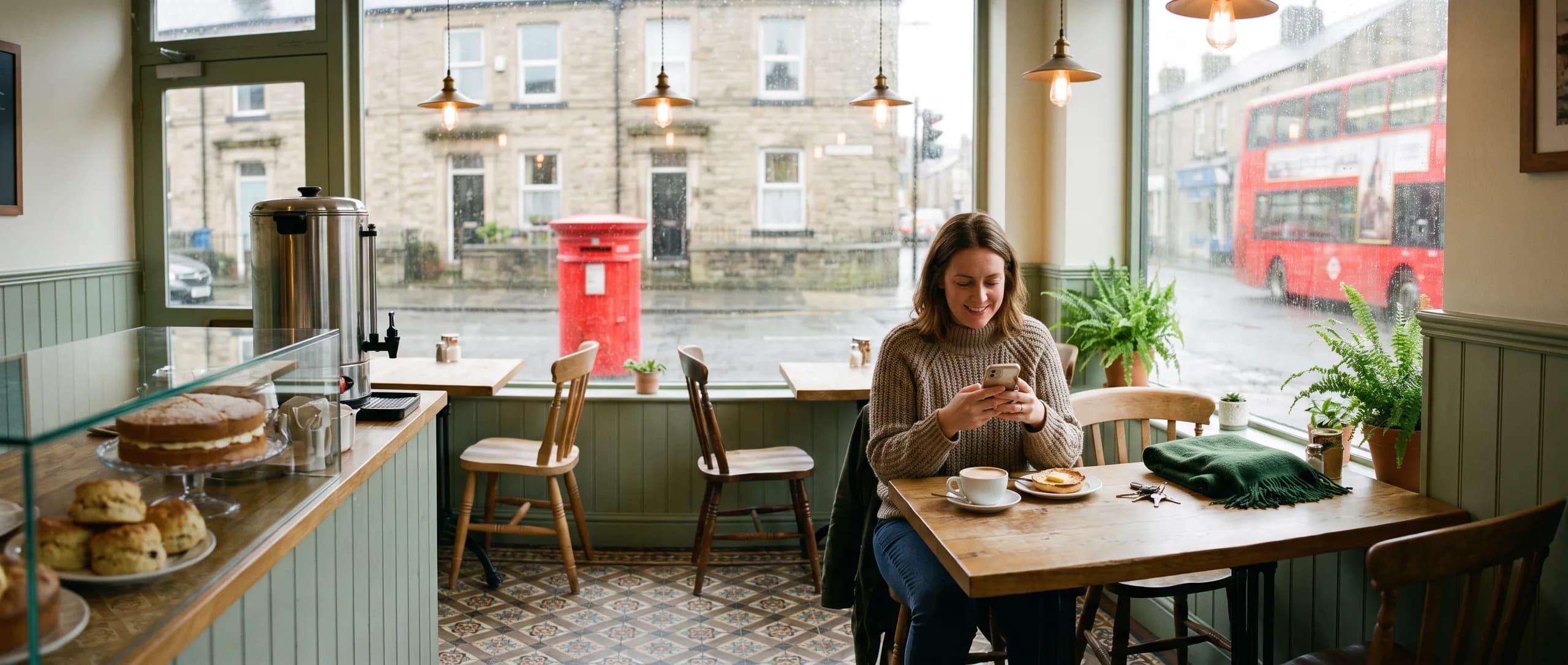 A woman smiling at her phone at a window table in a café, a flat white and a teacake beside her, rain on the stone high street outside.