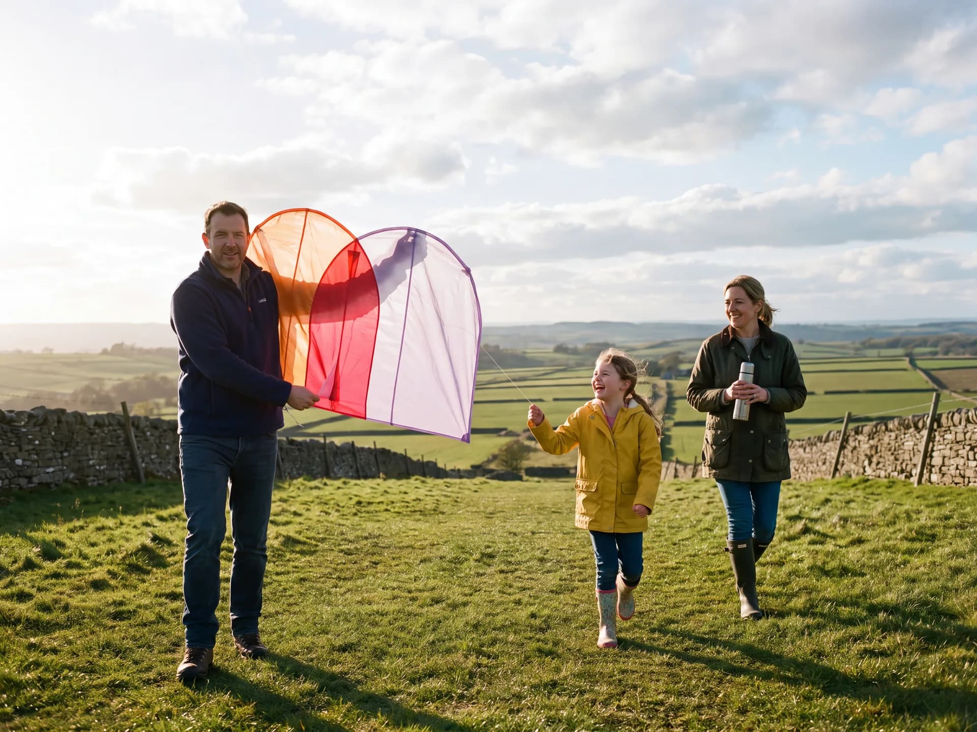 A family out on a hilltop above dry-stone walls, the dad holding up a kite in the shape of the MoneyEase mark while his daughter in a yellow raincoat runs with the line.