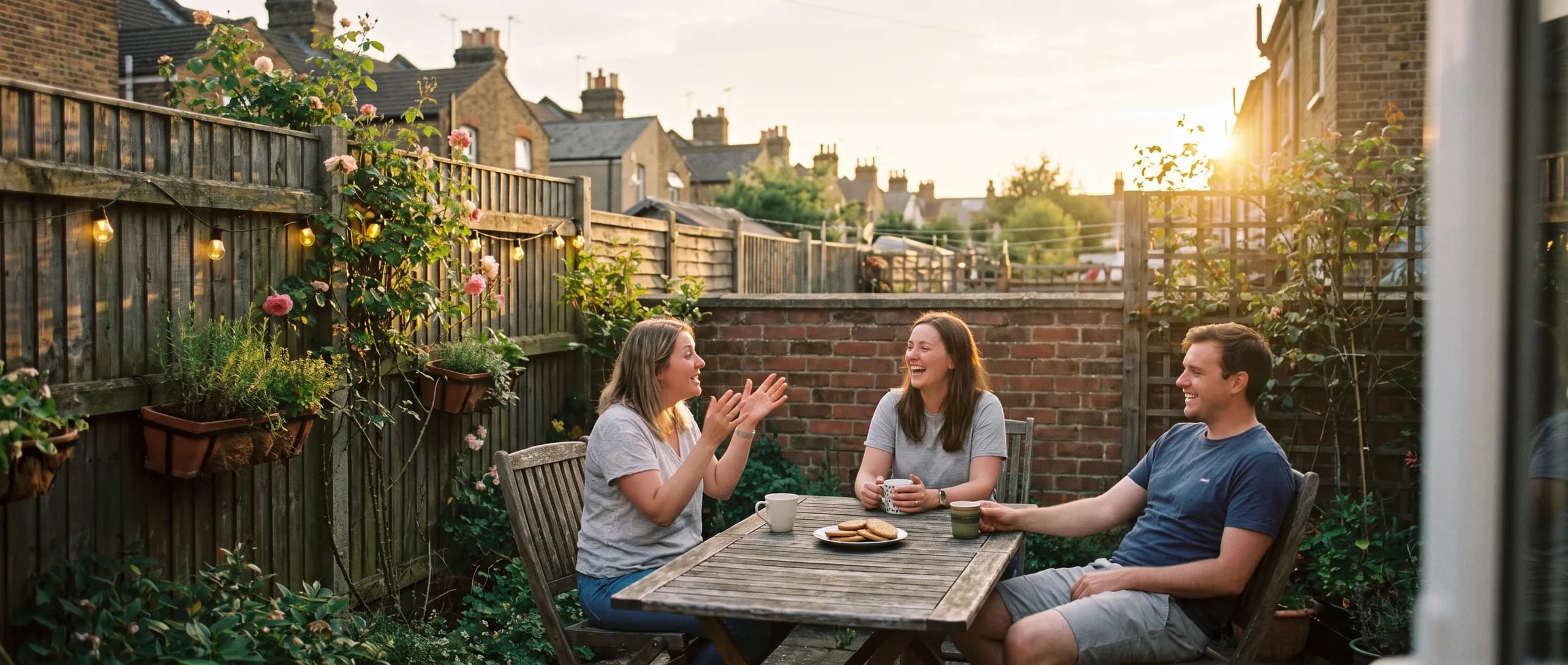 Three friends laughing over mugs of tea at a table in a small back garden on a summer evening, string lights along the fence.
