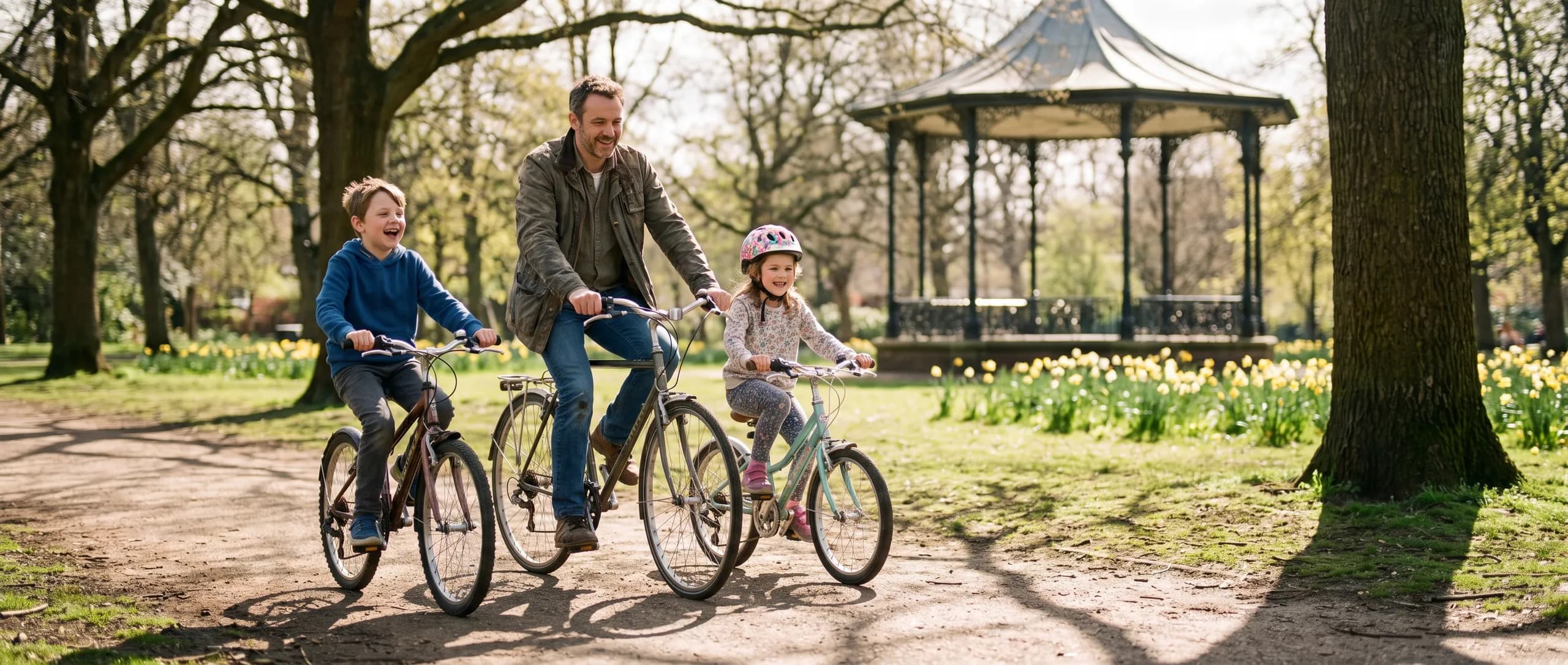 A dad and his two children cycling slowly along a sunny park path in spring, past a Victorian bandstand and daffodils.