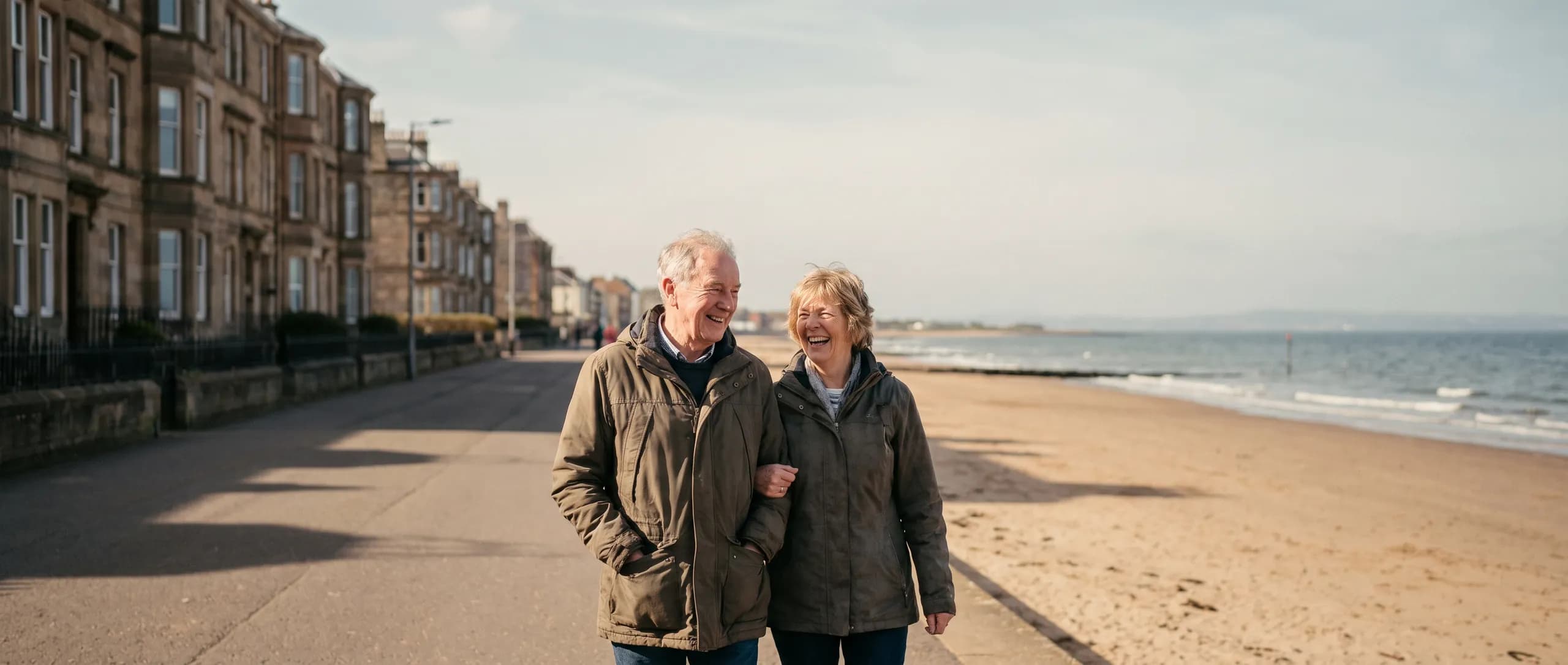 An older couple walking arm in arm along the promenade at Portobello beach in Edinburgh on a bright, breezy day.